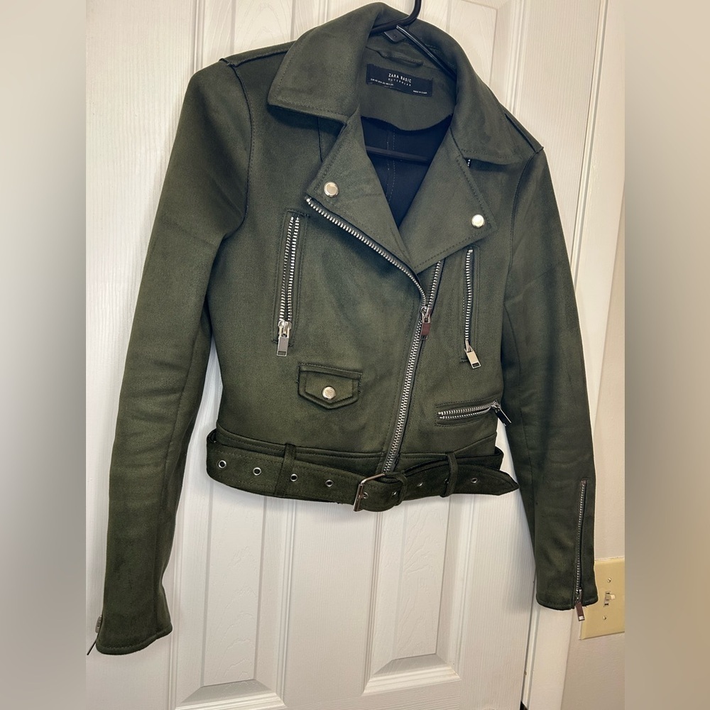 Zara Olive Moto Jacket Belted Zip Biker Chic Trendy S - Picture 3 of 14